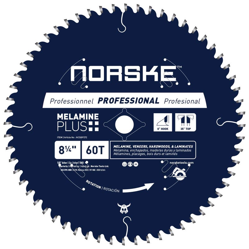 Norske نورسكي تولز NCSBP272 شفرة منشار 8-1/4 بوصة 60T ملائمة لقطع الميلامين بسلاسة فائقة، الميلامين، الأخشاب الصلبة وأرضيات الميلامين 5/8 بوصة مع فتحة ألماسية. - Image 1